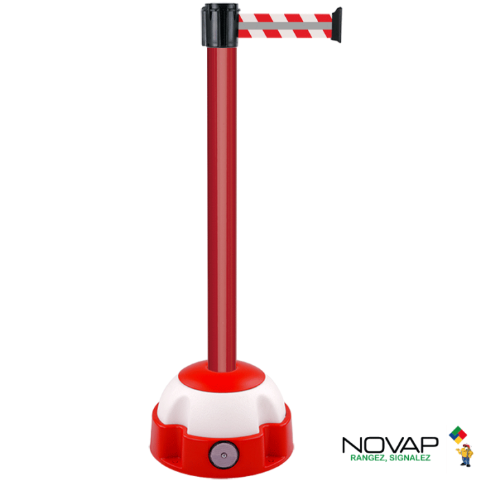 Poteau Alu Rouge laqué à sangle Rouge/Blanc hachuré Rétro 3m x 50mm sur socle Balise - Novap