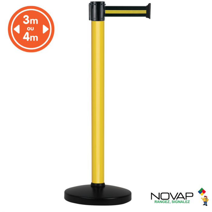 Poteau à Sangle Acier Noir - Hauteur 91 Cm, Sangle Jaune 3 M - Base Lestée, Pour Guidage Foule Intérieur - 3