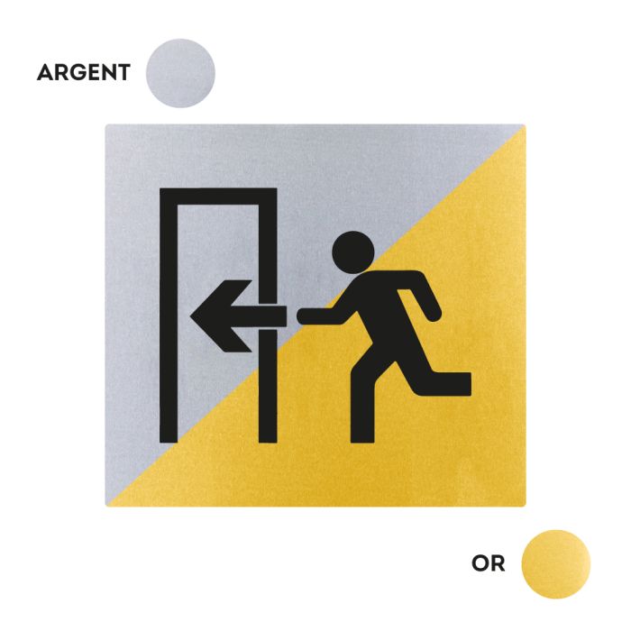 Plaquettes de porte 90x90mm - Sortie de secours à gauche- Argent & Or - Novap Plaquettes de porte 90x90mm - Sortie de secours à gauche- Argent & Or - Novap