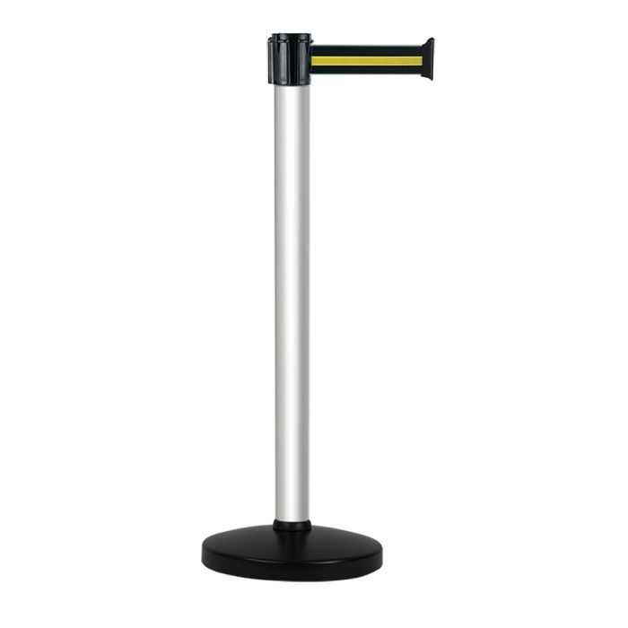 Poteau alu anodisé à sangle Noir/Jaune sur socle portable - Novap Poteau alu anodisé à sangle Noir/Jaune sur socle portable - Novap