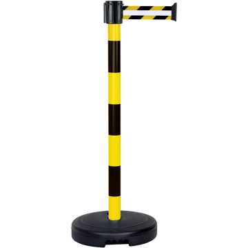 Poteau PVC Jaune/Noir à sangle Jaune/Noir Rétro hachuré 3m x 50mm sur socle 9kg à lester - Novap