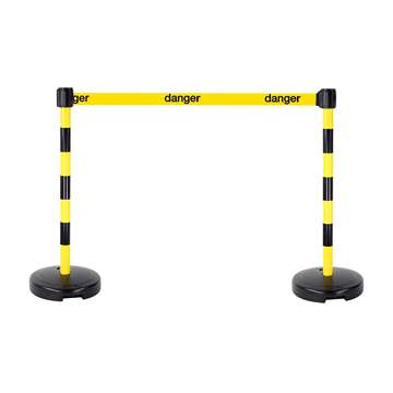 Kit 2 Poteaux PVC Jaune/Noir sur socle 9kg à lester avec tête à sangle Jaune Danger 3m x 50mm et tête réceptrice - Novap