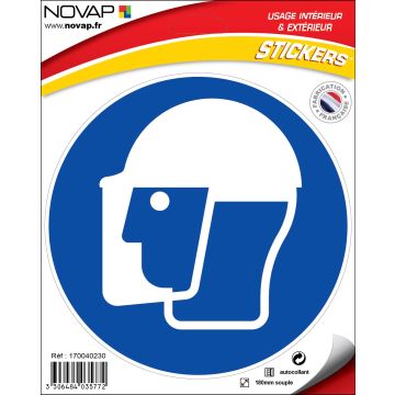 Panneau Obligation de porter casque et visière - Vinyle adhésif Ø180mm - 4035772