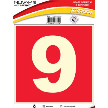 N°9 photoluminescents - 200x200mm - Adhésif Rouge - 4037394