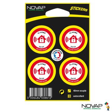 Planche de 4 stickers Ø 40mm Haute Visibilité – Alarme 24/24 - Novap