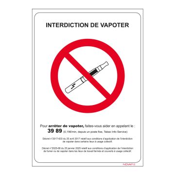Panneau interdiction de Vapoter – Rigide 148x210mm – Novap