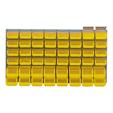 Panneau mural équipé de 32 bacs 0,3L et 16 bacs 1L jaunes avec couvercles pivotants - Novap