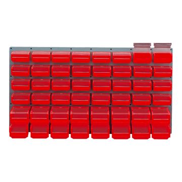 Panneau mural équipé de 32 bacs 0,3L et 16 bacs 1L rouges avec couvercles pivotants - Novap