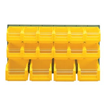 Panneau mural équipé de 12 bacs 3L et 4 bacs 8L jaunes avec volets abattants - Novap