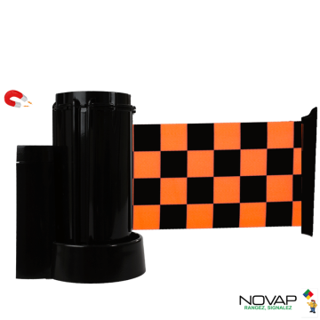Enrouleur mural magnétique Noir avec sangle damier orange fluo/noir 3m x 100mm - 2700399