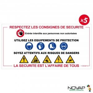 Lot de 5 Panneaux Respectez les consignes de sécurité 800x400mm - Novap