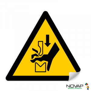 Panneau Danger écrasement de la main dans une presse plieuse - adhésif Triangle 100mm - Novap