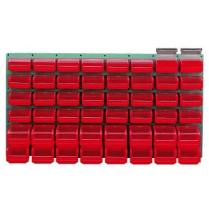 Panneau mural équipé de 32 bacs 0,3L et 16 bacs 1L rouges avec couvercles pivotants - 5056059