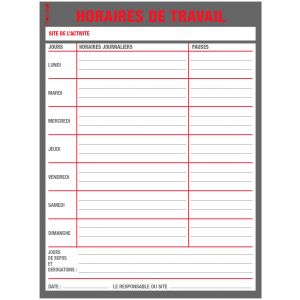 Panneau affichage des horaires de travail 400x300mm - 4300351