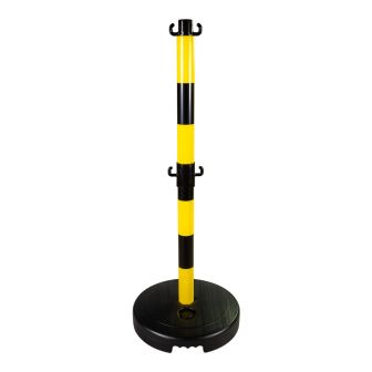 Poteau PVC Jaune/Noir avec crochets à mi-hauteur sur socle à lester 9kg - 2000963 avec logo
