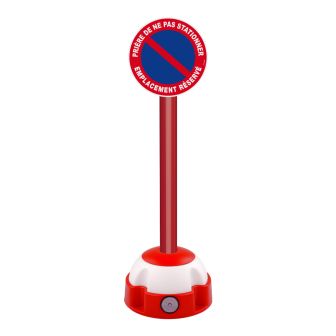 Poteau aluminium Rouge sur socle balise avec panneau - Défense de stationner emplacement réservé - novap