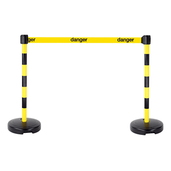 Kit 2 Poteaux PVC Jaune/Noir sur socle 9kg à lester avec tête à sangle Jaune Danger 3m x 50mm et tête réceptrice - Novap