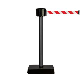 Poteau alu noir à sangle grande longueur hachuré rouge/blanc 12m x 50mm sur socle mobile - Novap