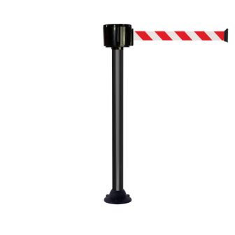 Poteau alu noir à sangle grande longueur hachurée rouge/blanc 12m x 50mm sur socle fixe - Novap