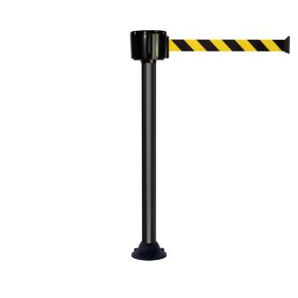Poteau alu noir à sangle grande longueur hachurée jaune/noir 12m x 50mm sur socle fixe - Novap