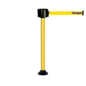 Poteau alu jaune à sangle grande longueur jaune + danger 12m x 50mm sur socle fixe - Novap