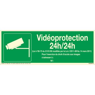 Panneau photoluminescent vidéo protection 24h/24h - Rigide 330x120mm - Novap