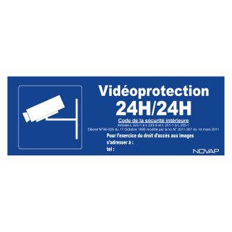 Panneau bleu Vidéoprotection 24h/24h avec pictogramme - Rigide 330x120mm - 4141121