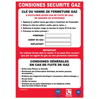 Panneau Consignes sécurité gaz - Rigide 210x297mm - Novap