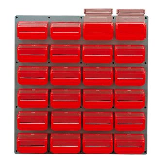 Panneau mural équipé de 24 bacs 0,3L rouges avec couvercles pivotants - Novap