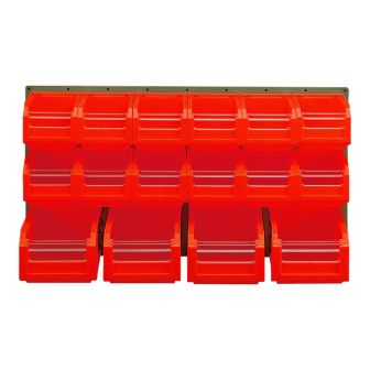 Panneau mural équipé de 12 bacs 3L et 4 bacs 8L rouges avec volets abattants - Novap